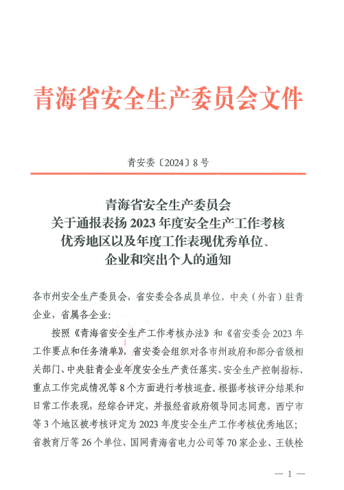 喜報！2023年度安全生產(chǎn)工作優(yōu)秀企業(yè)和突出個人名單揭曉！