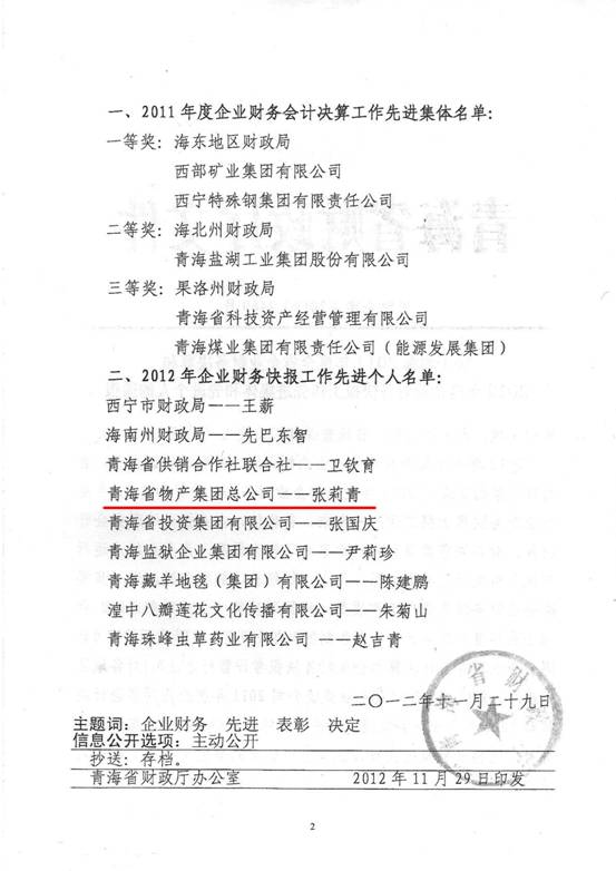物產(chǎn)集團(tuán)榮獲2011年度財(cái)務(wù)決算先進(jìn)單位、2012年度財(cái)務(wù)快報(bào)工作先進(jìn)個(gè)人表彰